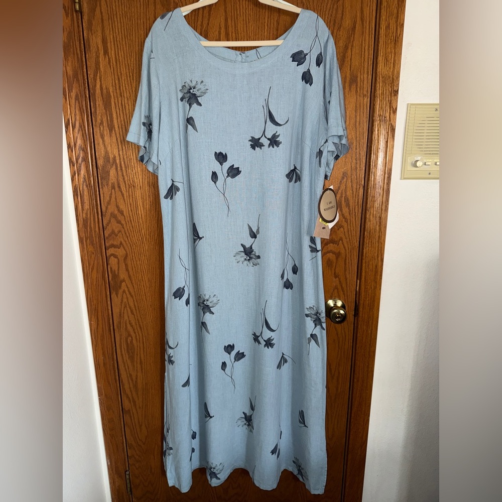 Vtg Sweet Jessie Woman Blue Floral Midi Dress Short Sleeves Linen / Rayon Sz 2X